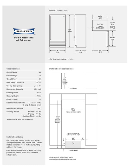 Refurbished: Sub-Zero 601F/0 + 601R/0 Set 36” (72”) Freezer & Refrigerator Panel Ready