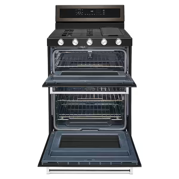 Used: KitchenAid KFGD500EBS 30 inch Double Oven Gas Range with 5 Burners, 6 Cu. Ft. Capacity and Even-Heat True Convection (Black Stainless Steel with PrintShield Finish)