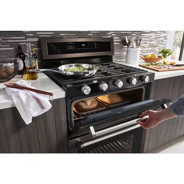 Used: KitchenAid KFGD500EBS 30 inch Double Oven Gas Range with 5 Burners, 6 Cu. Ft. Capacity and Even-Heat True Convection (Black Stainless Steel with PrintShield Finish)