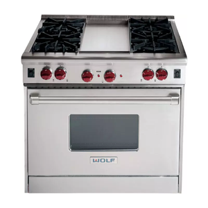 36 Inch Pro-Style Gas Range with 4 Dual Brass Open Burners, 5.5 cu. ft. Convection Oven, Infrared Broiler, Infrared Griddle, Automatic Reignition and Drip Tray: Natural Gas