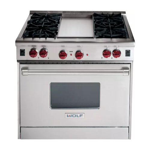 36 Inch Pro-Style Gas Range with 4 Dual Brass Open Burners, 5.5 cu. ft. Convection Oven, Infrared Broiler, Infrared Griddle, Automatic Reignition and Drip Tray: Natural Gas