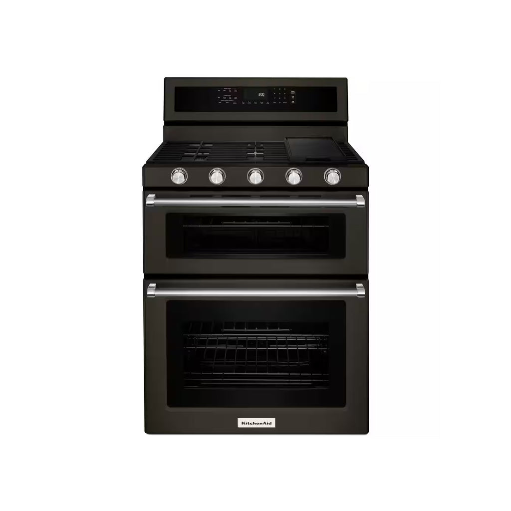 Used: KitchenAid KFGD500EBS 30 inch Double Oven Gas Range with 5 Burners, 6 Cu. Ft. Capacity and Even-Heat True Convection (Black Stainless Steel with PrintShield Finish)