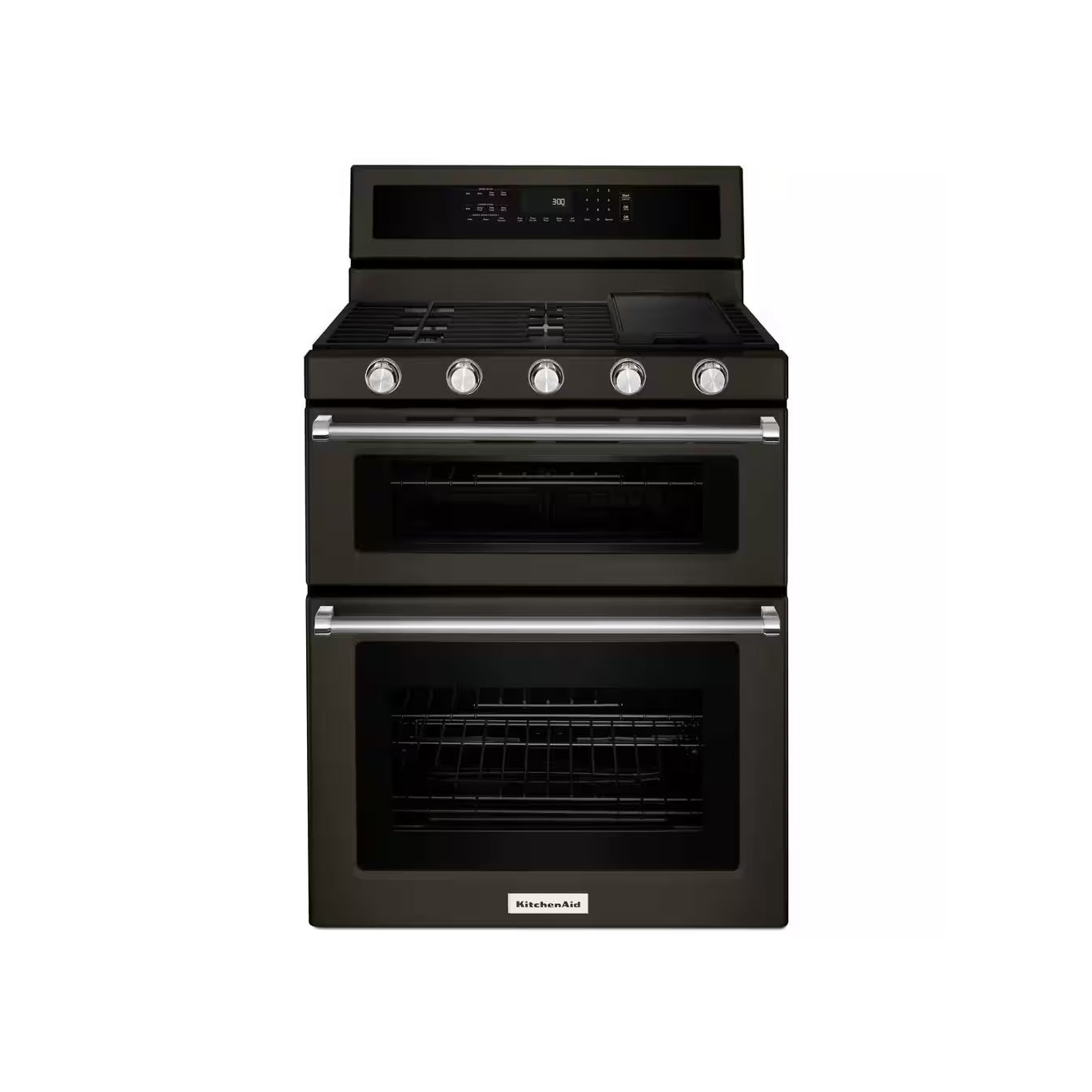 Used: KitchenAid KFGD500EBS 30 inch Double Oven Gas Range with 5 Burners, 6 Cu. Ft. Capacity and Even-Heat True Convection (Black Stainless Steel with PrintShield Finish)