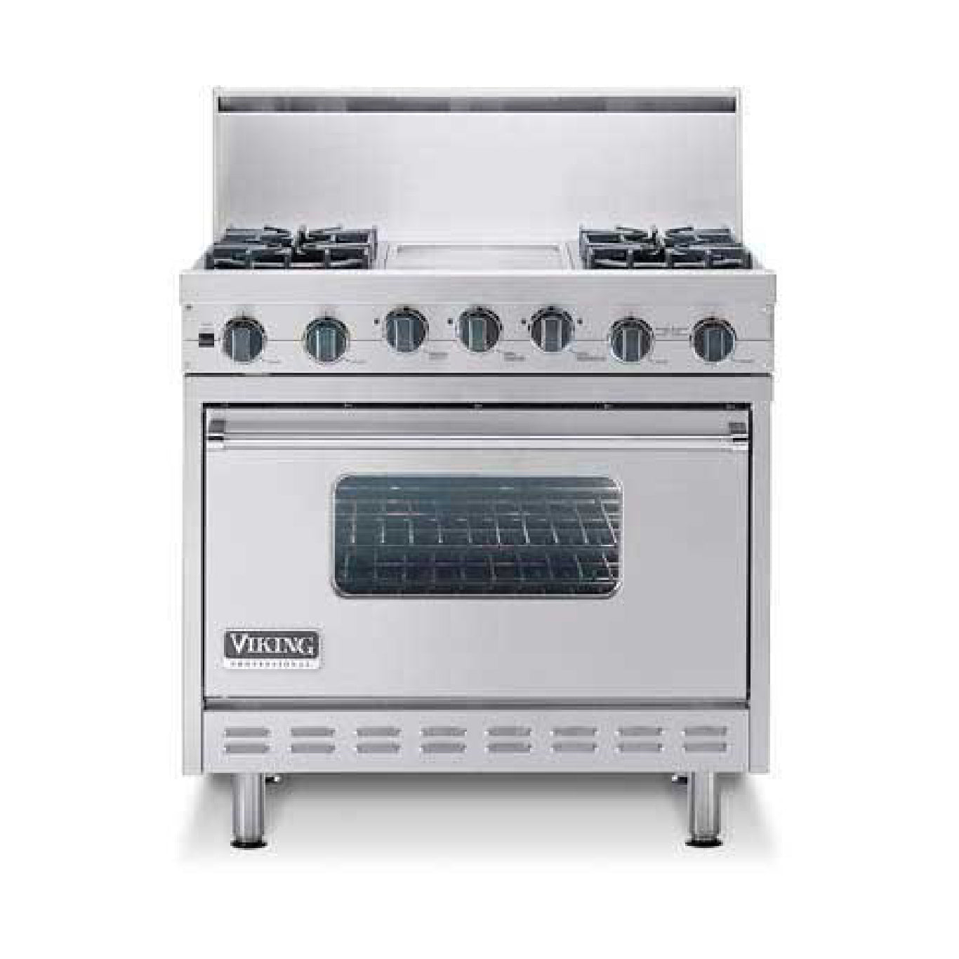 Used: Viking Professional Series VDSC3654GSS 36 Inch Pro-Style Dual-Fuel Range with 4 Open Burners w/ VariSimmer, 12 Inch Steel Griddle, 5.1 cu. ft. TruConvec/ProFlow Convection Oven, 8-Pass Electric Broiler and Self-Clean
