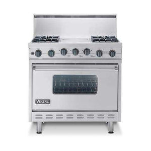 Used: Viking Professional Series VDSC3654GSS 36 Inch Pro-Style Dual-Fuel Range with 4 Open Burners w/ VariSimmer, 12 Inch Steel Griddle, 5.1 cu. ft. TruConvec/ProFlow Convection Oven, 8-Pass Electric Broiler and Self-Clean